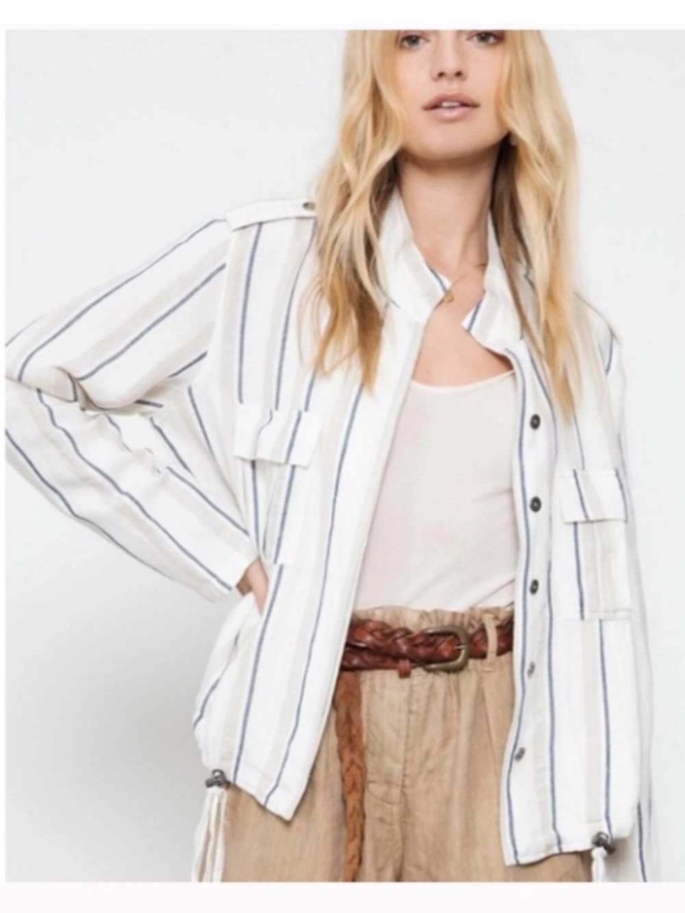 Rails Off-White and Navy Coco Stripe Rowan Linen Utility Jacket Size M